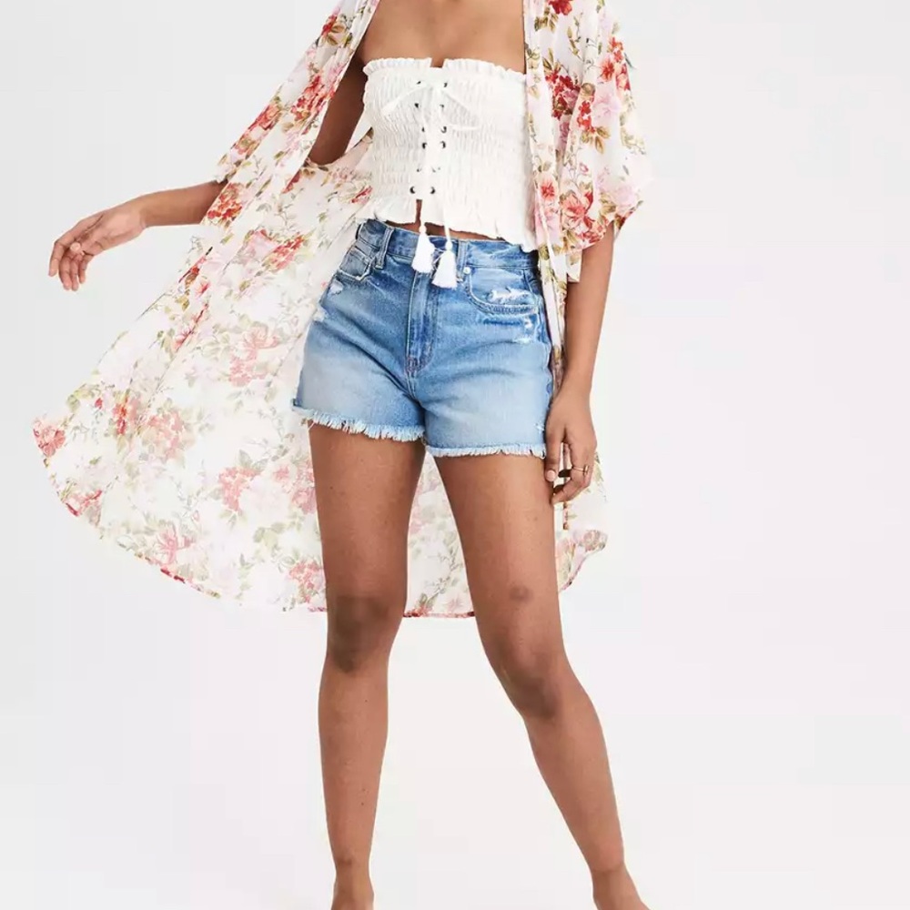 American Eagle Duster Length Kimono  Coverup | XS/S | Cream/Pink/Green F…